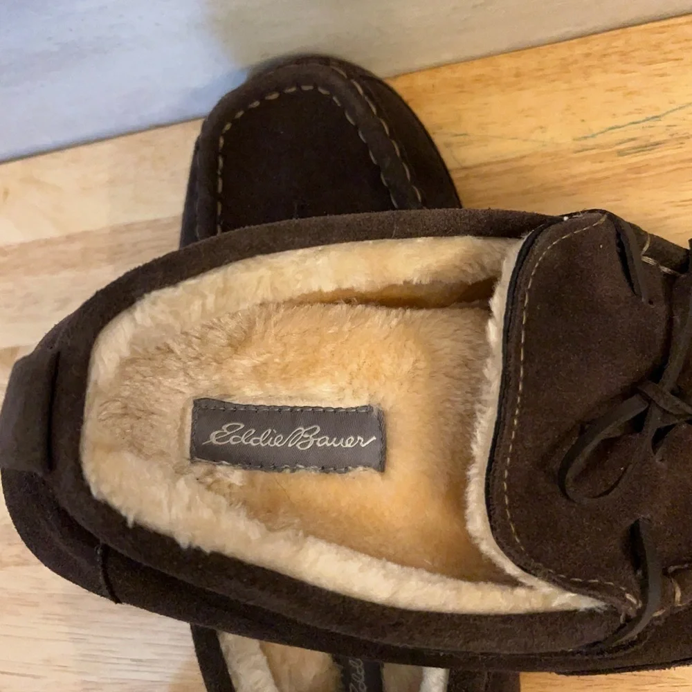 Eddie Bauer men's faux-fur lined moccasin slippers in dark brown suede